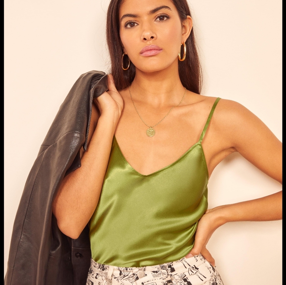 Reformation Teddy Silk Top in Avocado Medium